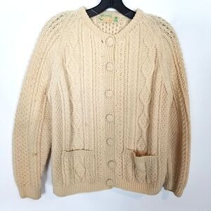 VTG Aran Handknit Cable Knit Fisherman Cardigan Sz S Ivory Cream Button Ireland